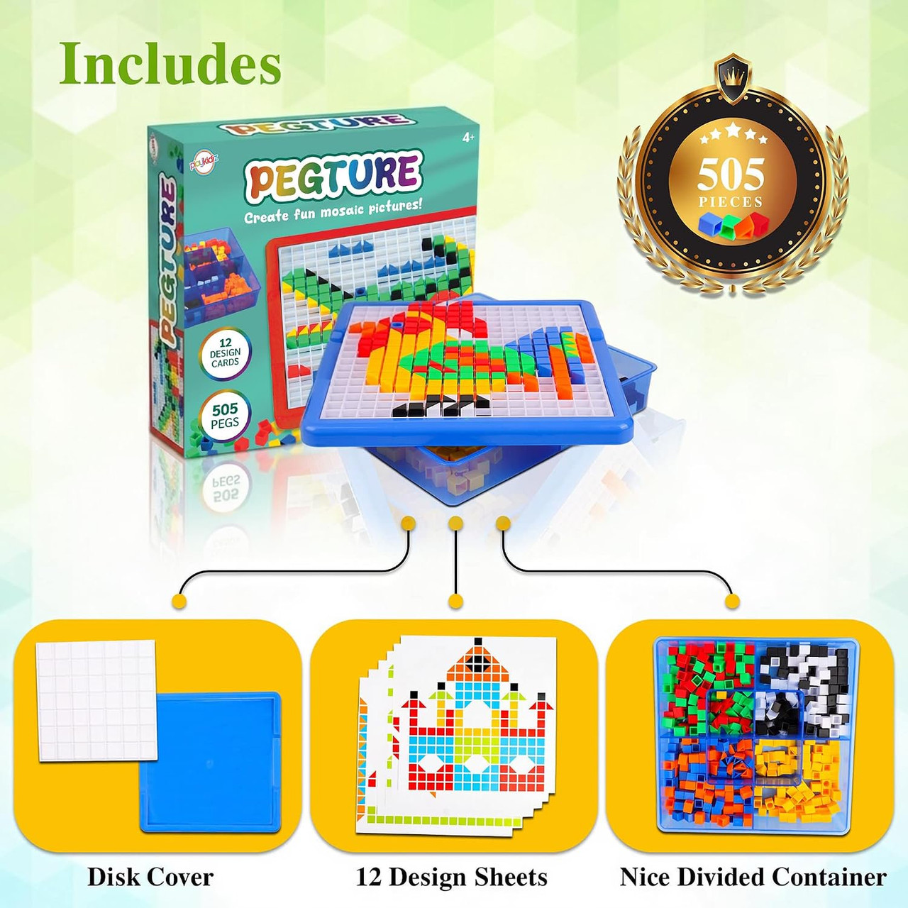 Playkidz: Pegture Set with 505 Larger Pieces + 12 Design Cards