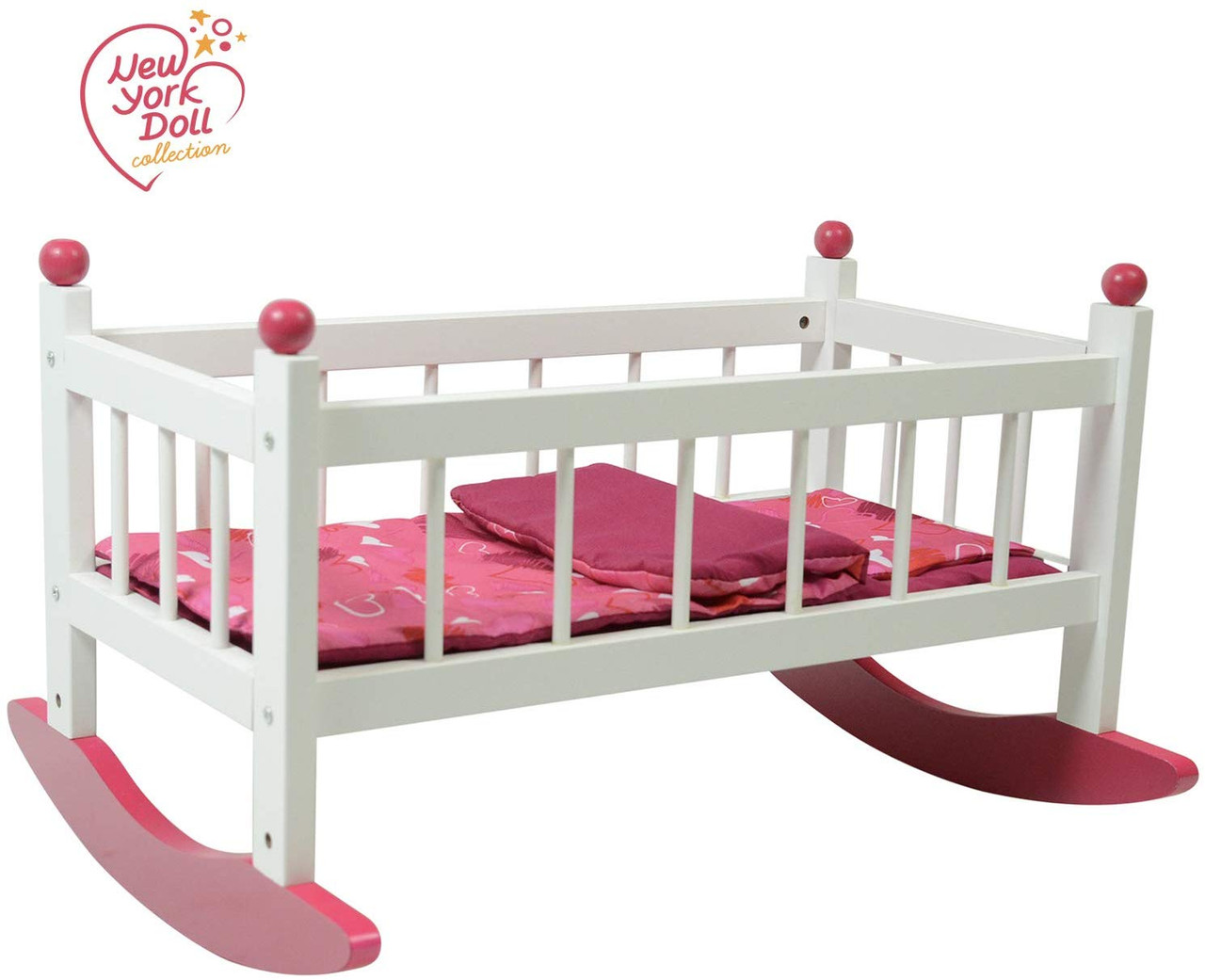 Wooden Baby Doll Rocking Cradle - Fits Baby Dolls and 18 Inch Dolls -  Includes Mattress & Bedding