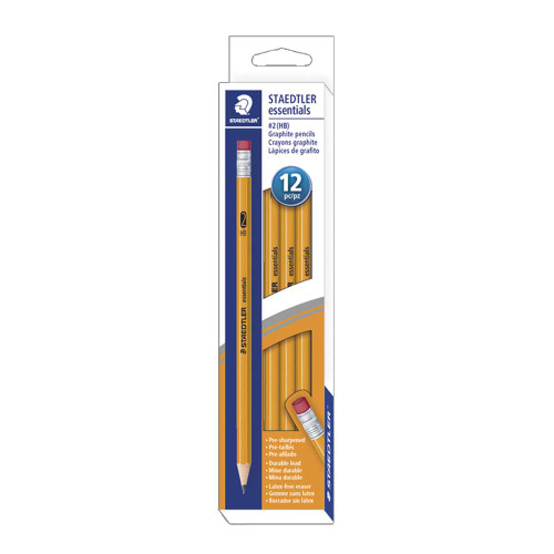 Staedtler Essentials Pre-Sharpened HB #2 Yellow Wood Graphite Pencils, with latex-free pink eraser, Box Set of 12, 13251C12A6