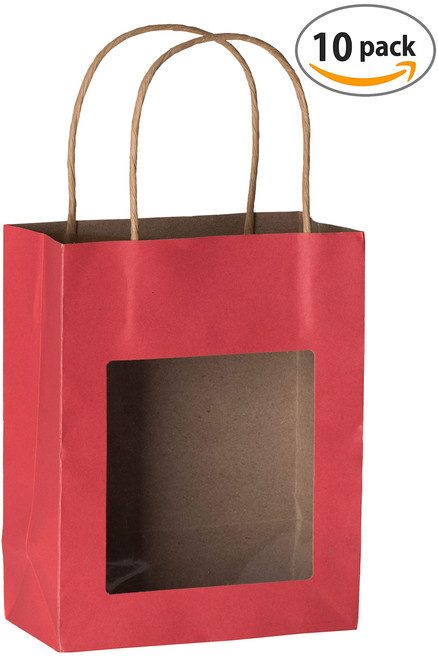 Hammont Red Kraft Paper Bag with Window (10 Pack) - Food Storing Pouches with Handles, Gift Bags Having Transparent Window 7.75"x 6.25"x 3"