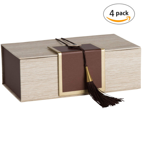 Hammont Folding Gift Boxes with Tassel (4 Pack)-Rectangle Brown Gift Wrapping Kraft Paper Box, Cardboard Box,  7"x4"x 2.5"