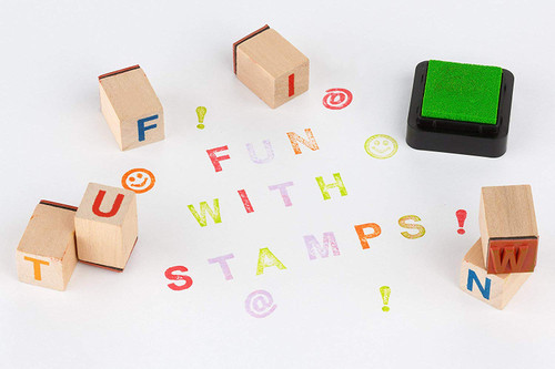 Moore: Premium Wooden Alphabet Stamp Set - 34 piece set of Uppercase Letters Stamps With 4 Color Ink Pads.