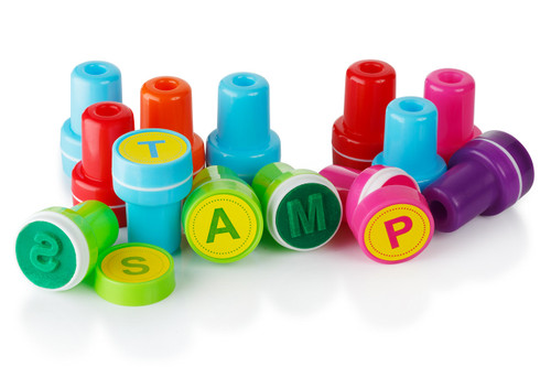 Moore: Premium Wooden Alphabet Stamp Set - 34 piece set of Uppercase  Letters Stamps With 4 Color Ink Pads. - Toys 4 U