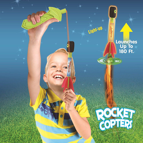 2 Pack Light Up Foam Finger Rockets, Slingshot Rocket Copters, Fun