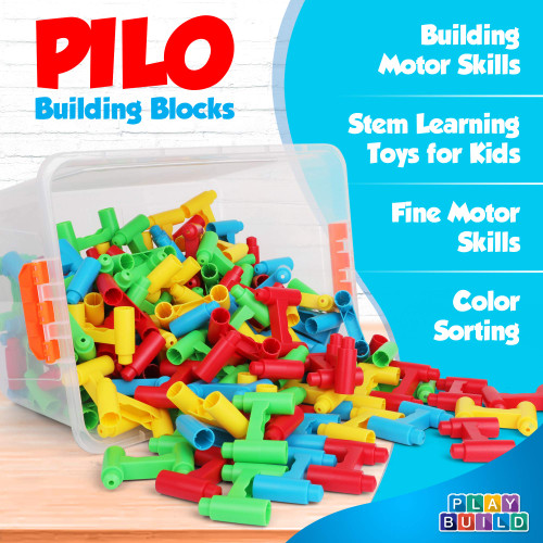 PlayBuild Pilo Building Blocks - H Blocks Bridge Constructor Stacking Toy - Fun Educational Construction Toys - Pillar Arch Aqueducts Build with Easy Plastic Storage Container