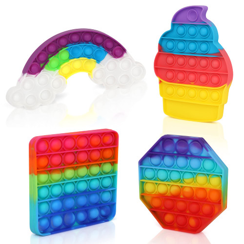 Playkidiz Fidget Popper - 4 Pack Pop-It Toy, Fun Rainbow-Colored Shapes - Rainbow, Square, Octagon & Cupcake Push Pop Bubble Fidget Sensory Toy for Kids and Adults