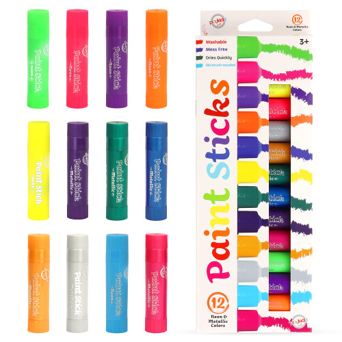 Playkidiz Paint Sticks, 12 Pack, Neon & Metallic Colors, Twistable Crayon Paint Sticks, Mess-Free Tempera & Poster Paint, Quick Drying, Great Birthday Gift, Ages 3+