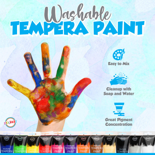 Playkidiz Washable Tempera Paints Set of 12 4 oz Bottles for Children, Non-Toxic Washable Acrylic Paint, Kid Friendly, Kid Safe Paint Set, Includes Variety of Brushes, Color, Craft, Create and Party.â