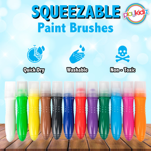 Playkidiz Squeezable Paint Brushes Classic Colors For Kids, Washable Tempera Paint Brush, 12 Assorted Fun Colors for Toddler, (24ml/0.8oz Each)