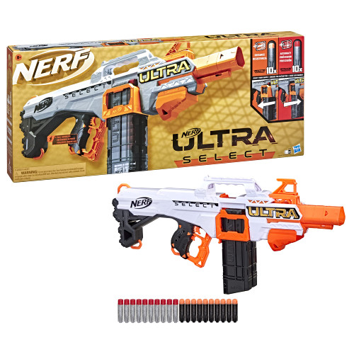 NERF Ultra Select Fully Motorized Blaster, Fire for Distance or Accuracy, Includes Clips and Darts, Outdoor Games and Toys, Automatic Electric Full Auto Toy Foam Blasters