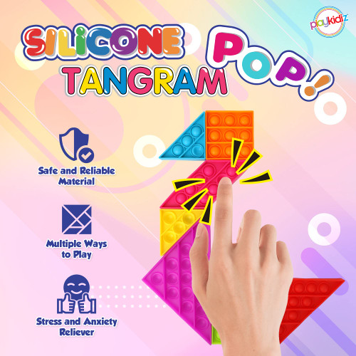 Playkidiz Pop It Silicone Tangram Puzzle Pieces, 7pc Tangram Poppers Push Pop Fidget Toys, Stress Relief & Learning Fun, for Kids Ages 3+