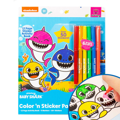 Baby Shark Color & Sticker Pad, Coloring Book and Stickers, Includes Over 50 Stickers and a 12-Page Activity Book, Color Your Own Stickers with Markers, Toys (205224)