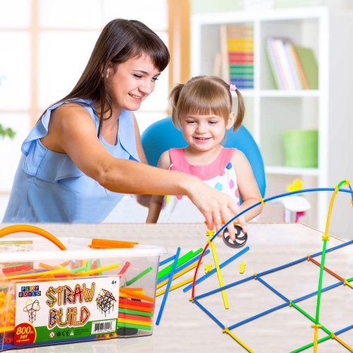 PlayBuild Straw Constructor STEM Building Toys, 800 Pcs + 16 Wheels, Colorful Interlocking Plastic Engineering Building and Construction Set. Fun, Educational, Safe for Kids- Develops Motor Skills