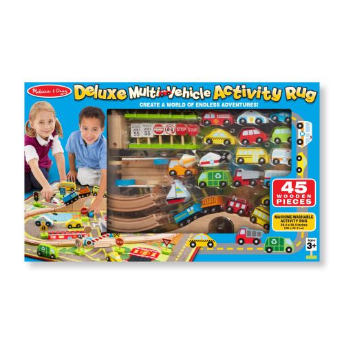 melissa & doug deluxe activity road rug play set with 49 wooden vehicles and play pieces