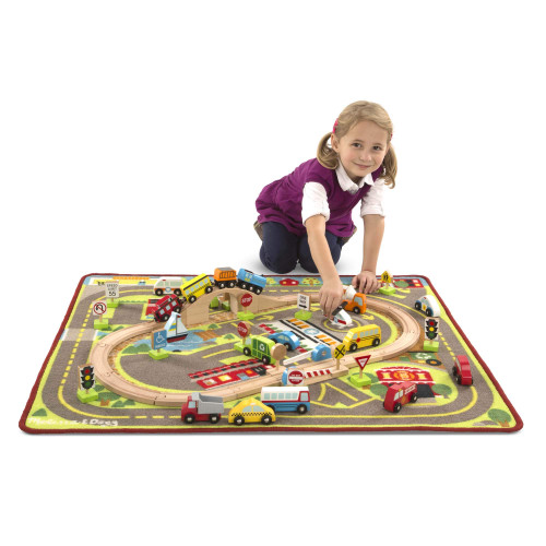 melissa & doug deluxe activity road rug play set with 49 wooden vehicles and play pieces