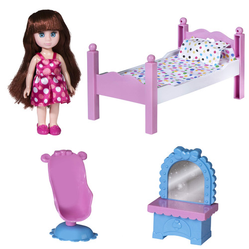 playkidiz Mini Doll Bedroom Playset: Pretend Play Mini Doll with Super Durable Bed, Mirror, and Chair for Children's Doll house or just Fun Play.