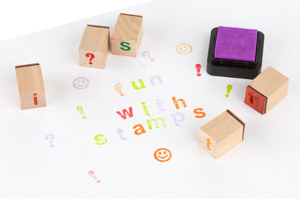 Moore: Premium Wooden Small Alphabet Stamp Set - 34 piece set of Lowercase Alphabet Stamps with 4 Color Ink Pads