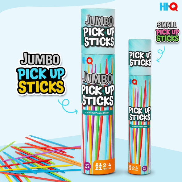 Hi-Q Jumbo Pick Up Sticks Game: 41 Brightly Colored Plastic 9.5" Pick up Sticks in Storage Can, For all Ages!