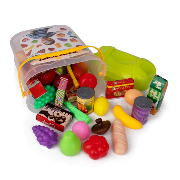 Playkidz 60 Pieces Pretend Play Food Set - Treat Bucket w Storage Bin - Beautiful Toy Food Assortment Kitchen Playset - STEM / STEAM Learning for Kids & Toddlers
