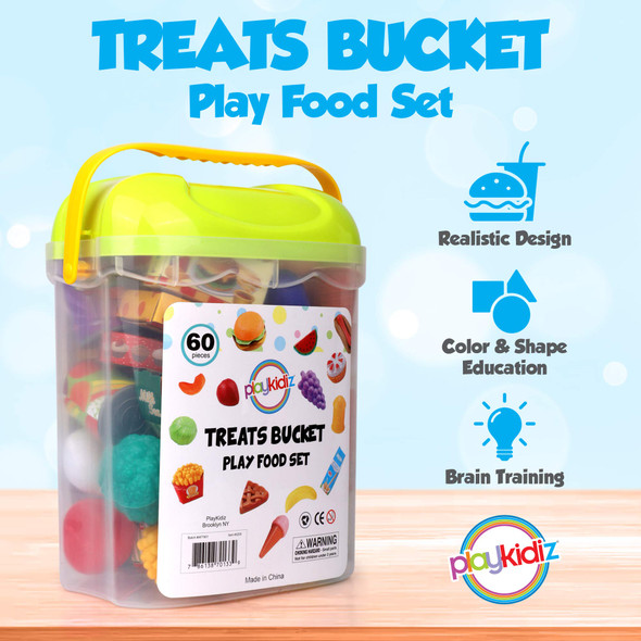 Playkidz 60 Pieces Pretend Play Food Set - Treat Bucket w Storage Bin - Beautiful Toy Food Assortment Kitchen Playset - STEM / STEAM Learning for Kids & Toddlers