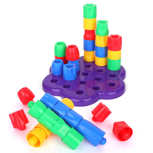 Playkidiz My First Pegs Playset, Large Colored and Fun Shape Stacker Plastic Pegs, Baby and Toddler Peg Board Toys, Play and Learn STEM Toy, Fine Motor Skills, Ages 18m+