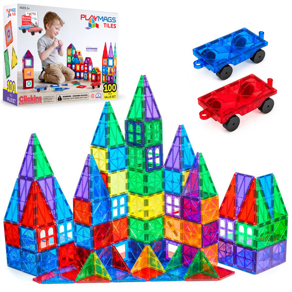 Playmags 100-Piece Magnetic Tiles Building Blocks Set, 3D Magnet Tiles for Kids Boys Girls, Educational STEM Toys for Toddlers…