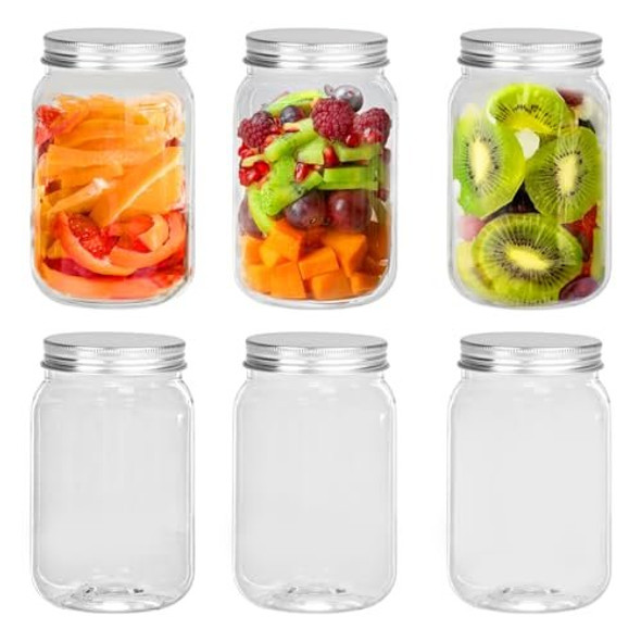 Darice 16 oz Plastic Mason Jars with Airtight Screw on Lid - Refillable Clear Plastic Jars Containers for Kitchen and Household Storage, BPA-Free Jars with Lids, Pack of 6