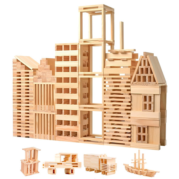 Play Build Wooden Building Blocks Set - 200-Piece Plank Block Construction Toys, STEM Educational Wood Toy for Kids and Toddlers