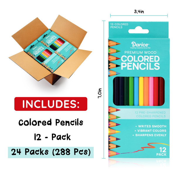 Darice Colored Pencils Bulk, 24 Packs (288 Count) 12 Colors, Pre-Sharpened Kid Coloring Book Pencils Set, Arts & Crafts School Supplies for Kids