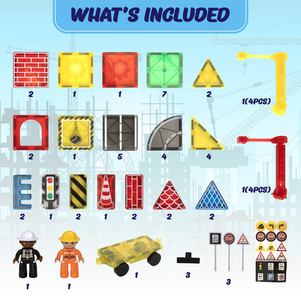 Playmags 52-Piece City Construction Magnetic Tiles Set, Building Blocks with Crane & Road Pieces, Educational STEM Toys for Boys & Girls Ages 3+