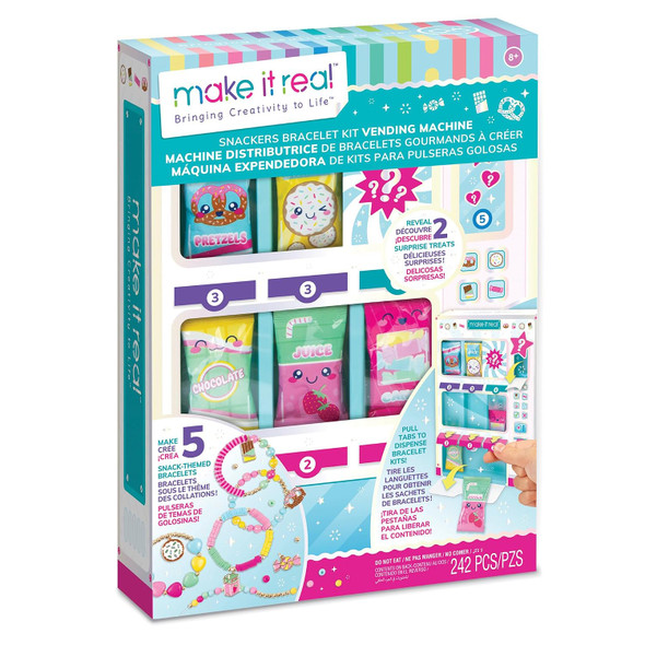 Make It Real: Snackers Bracelet Kit Vending Machine - Make 5 Snack-Themed Charm Bracelets, Pull Tab to Dispense The Jewelry Kit, Girls & Kids Ages 8+