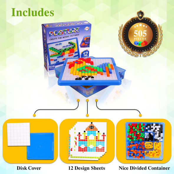 Playkidz: Pegture Set with 505 Larger Pieces + 12 Design Cards. Mosaic Puzzle Toy Set, Creative Skills Development, Educational Learning Toys for Kid. Great Gift for Boys & Girls.