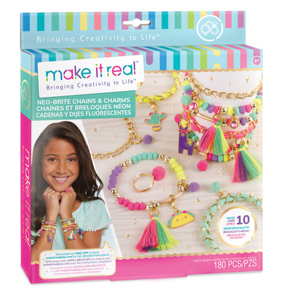 Make It Real - Neo-Brite Chains and Charms. DIY Gold Chain Charm Bracelet Making Kit for Girls. Arts and Crafts Kit to Create Unique Tween Bracelets with Neon Beads, Unique Pom Charms, and Gold Chains