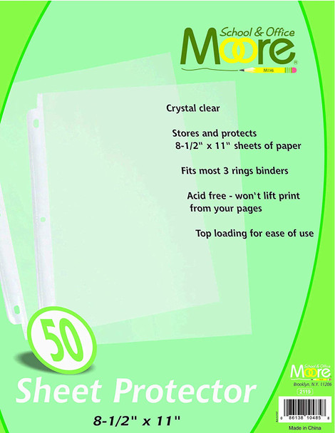 Moore Sheet Protectors, Holds 8.5 x 11 inch Sheets, Clear, Reinforced, Fit Standard 3 Ring Binders, Acid-Free, Archival Safe for Documents and Photos (50 Sheets) (2119)