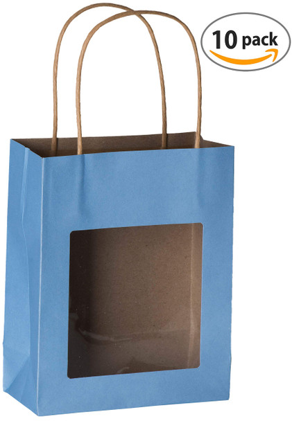 Hammont Blue Kraft Paper Bag with Window (10 Pack) - Food Storing Pouches with Handles, Gift Bags Having Transparent Window 7.75"x 6.25"x 3"