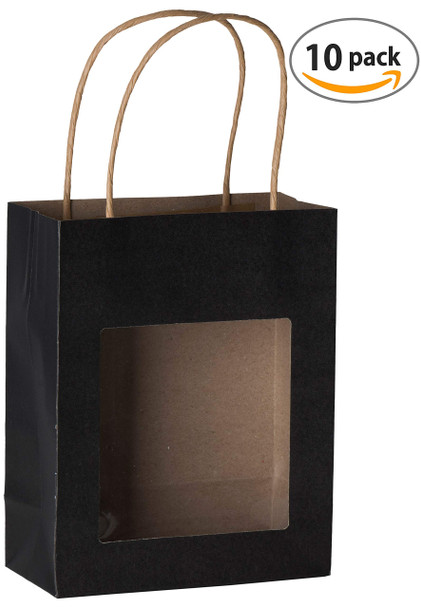Hammont Black Kraft Paper Bag with Window (10 Pack) - Food Storing Pouches with Handles, Gift Bags Having Transparent Window 7.75"x 6.25"x 3"