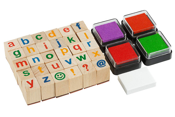 Moore: Premium Wooden Small Alphabet Stamp Set - 34 piece set of Lowercase Alphabet Stamps with 4 Color Ink Pads