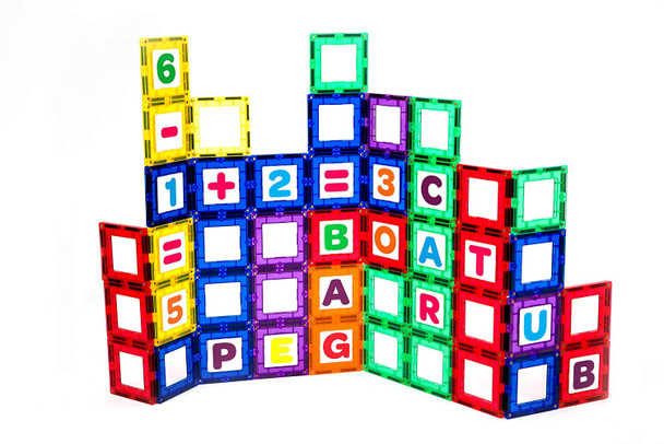 Playmags Magnetic Tile Building Set: EXCLUSIVE Educational Clickins  80-Pc. Kit: 40 Super Strong Clear Color Magnet Tiles Windows & 40 Letters & Numbers  Stimulate Creativity & Brain Development