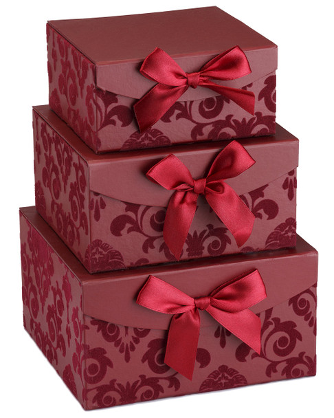 Red Swirl Nesting Elegant Christmas Gift Boxes, Set of 3, With Bows, Magnetic Closure