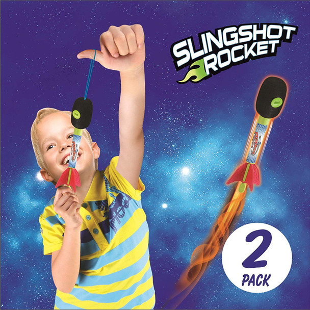 2 Pack Light Up Foam Finger Rockets, Slingshot Rocket Copters, Fun Shooting Games, for Home, Camping, Park, & Party Favor Gifts.