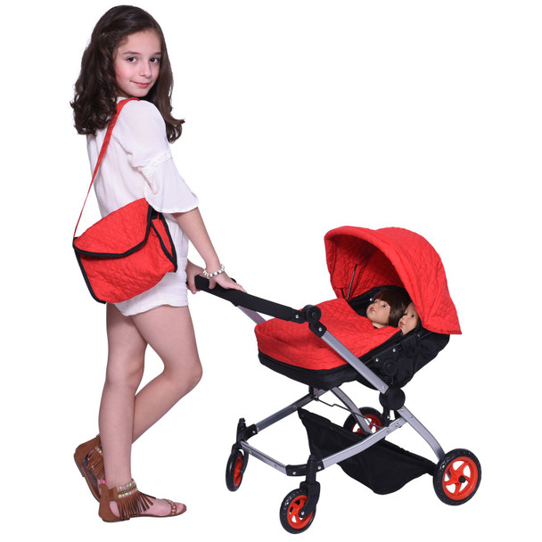 The New York Doll Collection Modern Twin Deluxe Baby Boo Stroller, Red Quilted Fabric, Adjustable Height Free Diaper Bag