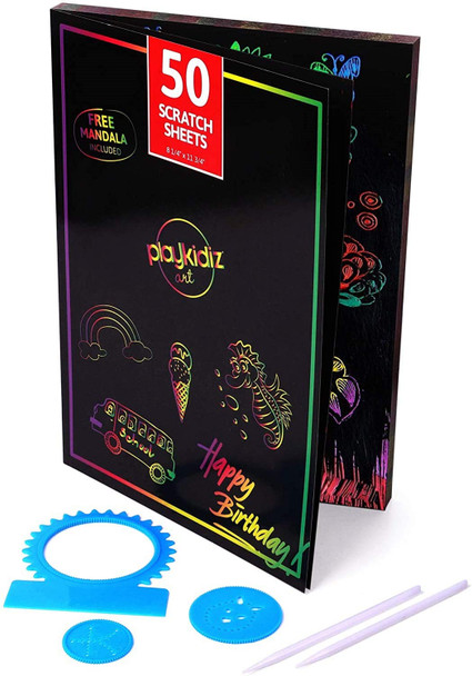 Playkidiz Scratch Paper Art Box, 50 Rainbow Scratch Off Notes 8.25" x 11.75", Magic Scratch Art, Includes 3 Mandalas for fun Designs & 2 Stylus Pens