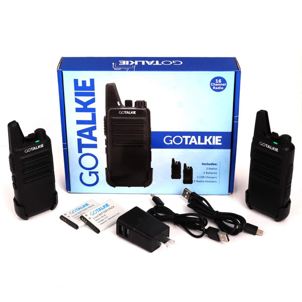 GoTalkie Two-Way Radios, Walkie Talkies with 16 Channels 2 FM Transceivers with Batteries, Chargers, and Holsters, Great for Adults & Kids