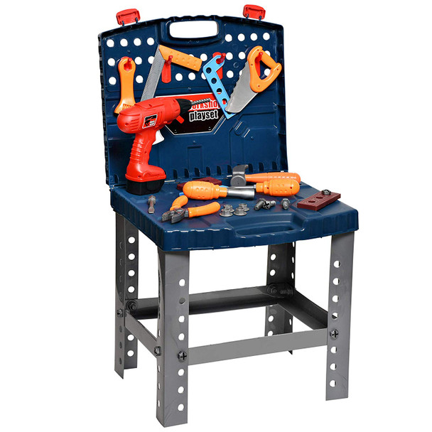 Playkidz Construction Workbench for Kids Portable Boys & Girls Toy Playset Includes Working Electric Power Drill, Travel Carry Case & 45+ Tools & Accessories to Build a Realistic Workbench Ages 3+
