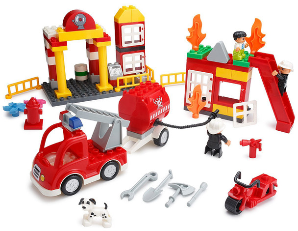 PlayBuild Fire Station Building Blocks Set  86 Pieces  Includes Fire Department, Building, Fire Engine, Motorcycle, Firemen & Boy Minifigures, Dalmatian & Accessories