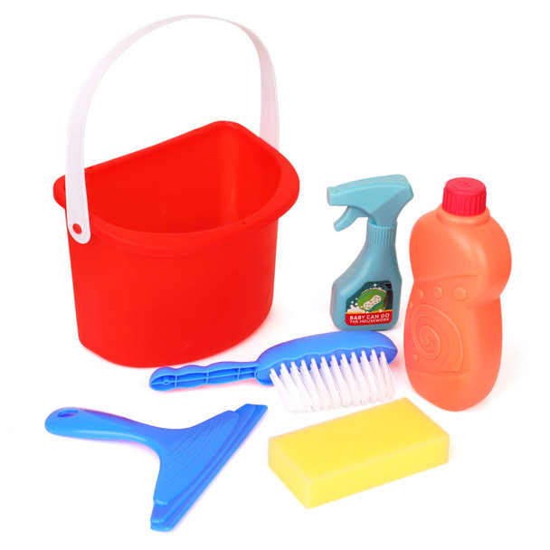 Playkidz Cleaning Pail Set, 6Pcs Includes Spray, Sponge, Squeegee, Brush, and Storage Bucket, Play Helper Realistic Housekeeping Set, Recommended for Ages 3+