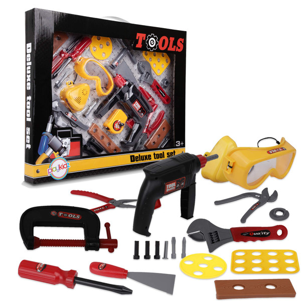 Playkidz Tool Set for Kids w/ Construction Hard Hat, 20 Piece+ Boys & Girls Tool Kit Toy Playset, Measuring Tape, Electric Power Drill, Hammer & Other Realistic Accessories, Ages 3+