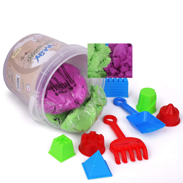 Playkidz Sandmax 2.3LB Bucket - Beach Day Fun Playset with Castle Molds, Tools, and Clingy Moving Sand -Reusable Storage Container - Sensory Activity and Development - Ages 3+