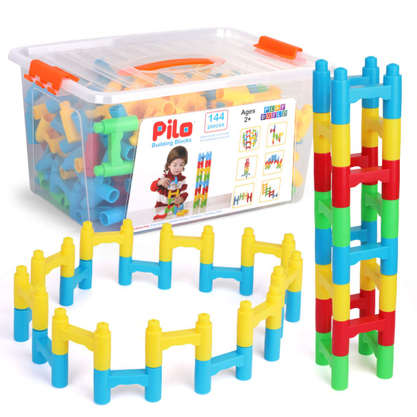 PlayBuild Pilo Building Blocks - H Blocks Bridge Constructor Stacking Toy - Fun Educational Construction Toys - Pillar Arch Aqueducts Build with Easy Plastic Storage Container