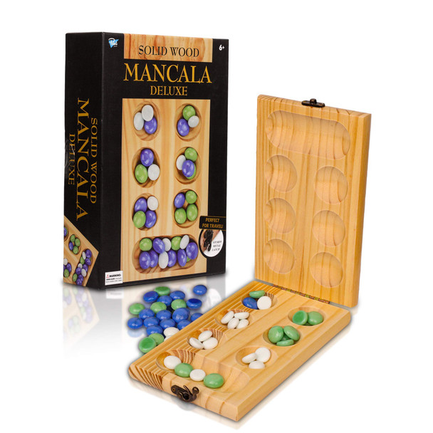 Point Games Solid Wood Deluxe Mancalla - Folding Board Game w Metal Latch and Glass Marbles- Portable Strategy Travel Game 